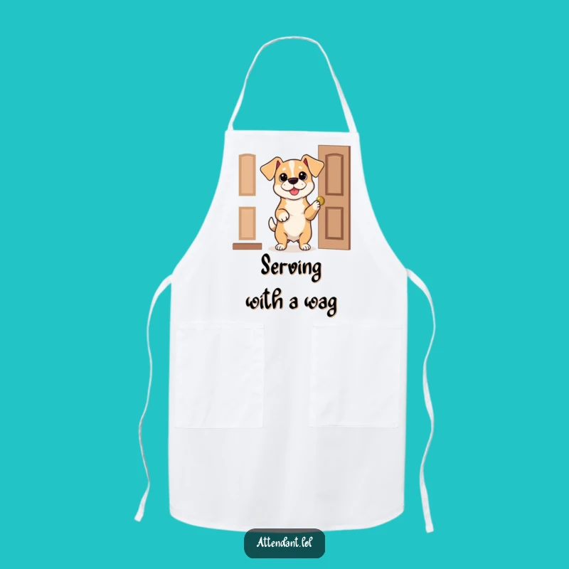 Funny Dog Door Holder Apron: Bouncy Pup's Polite Offer, A Hilarious Kitchen Funny Gift!