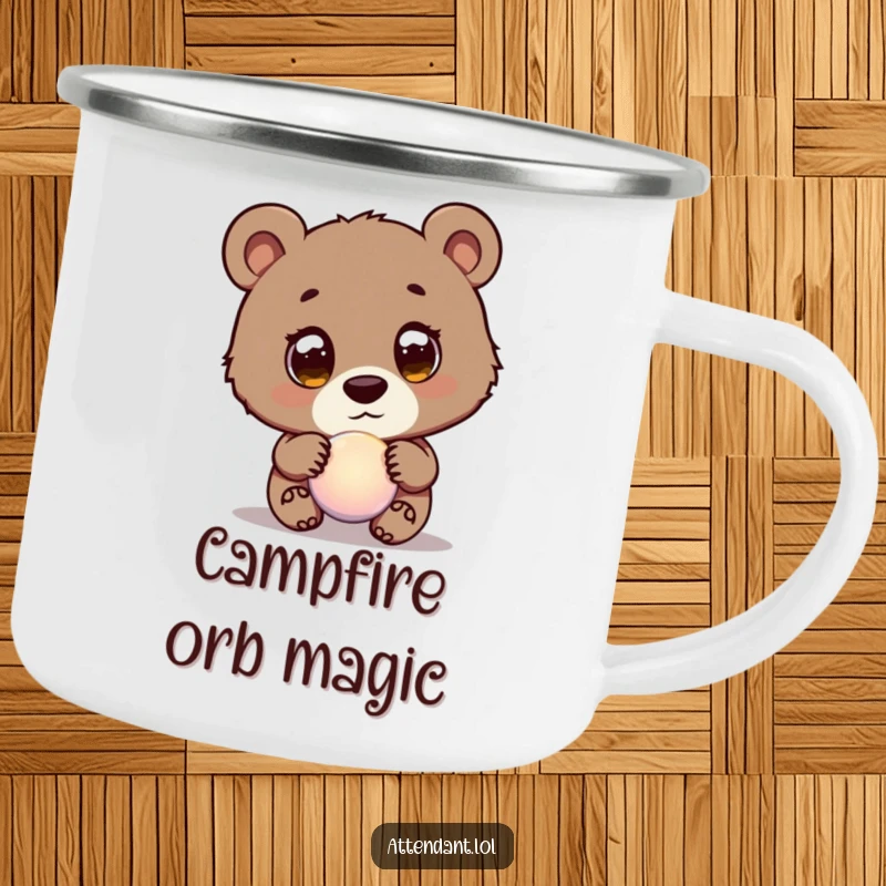 Funny Bear Cub Camping Mug: A curious bear cub with wide eyes guides a glowing orb, perfect for humorous outdoor enjoyment.