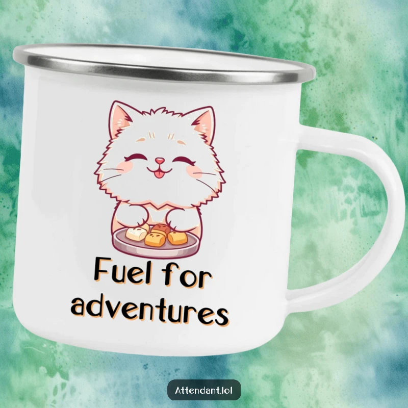 Funny camping mug with a cute, fluffy cat offering a tray of tiny treats, designed for outdoor enjoyment and smiles.