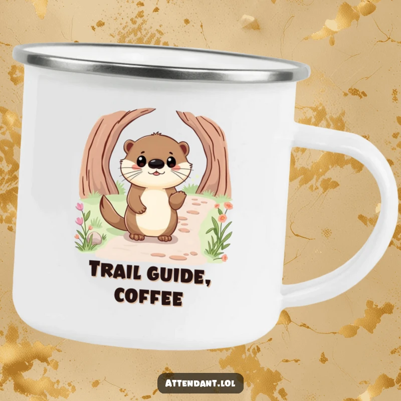 Funny camping mug with a happy otter with bright eyes, politely guiding a visitor along a path.