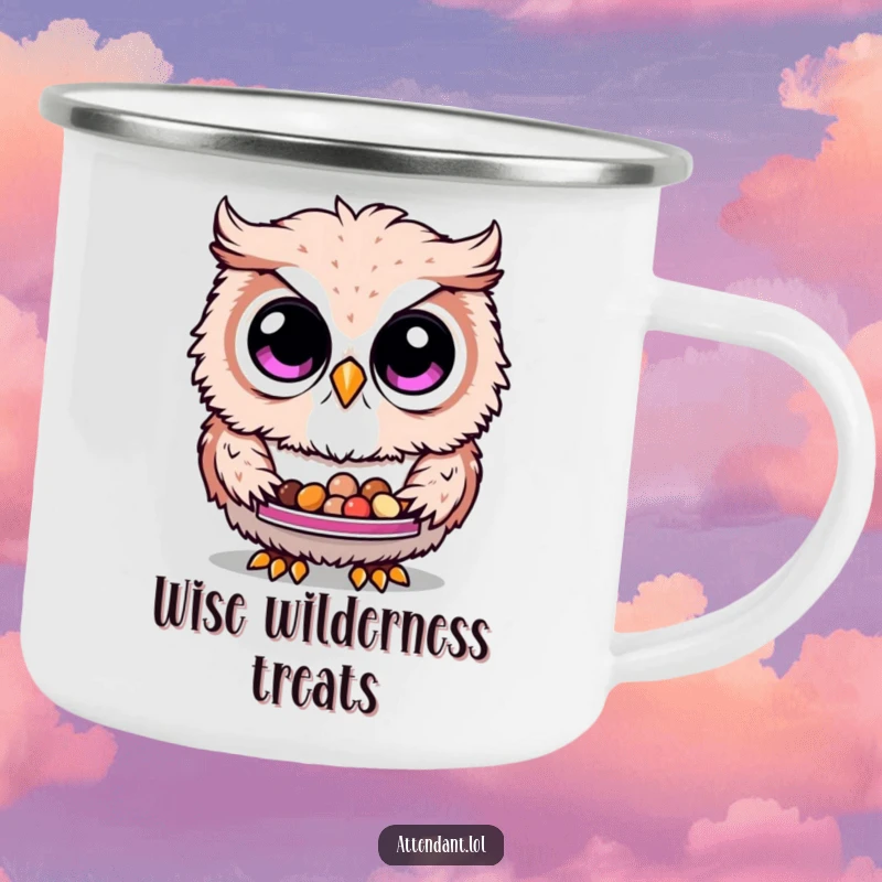 Funny Owl Camping Mug: A fluffy owl with curious eyes offers a tray of tiny treats, perfect for humorous outdoor enjoyment.