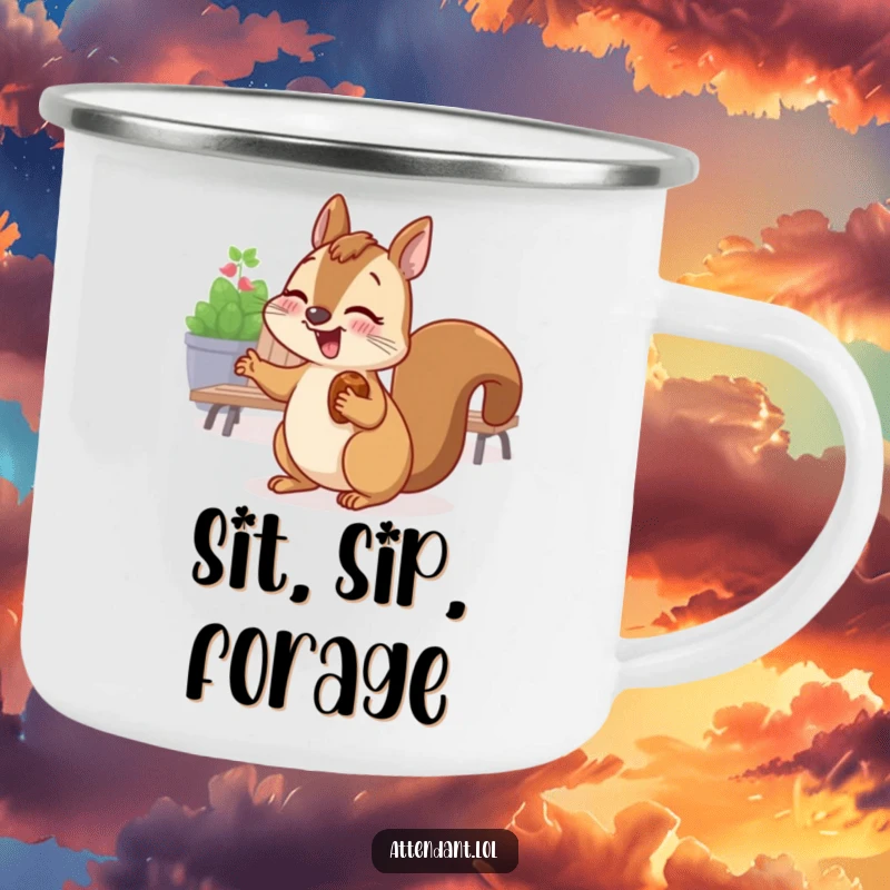 Funny camping mug with a giggling squirrel with a nut in its cheek, gesturing towards a seating area.