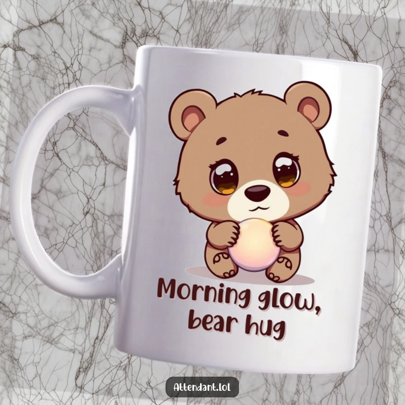 Funny Bear Cub Mug: A curious bear cub with wide eyes guides a glowing orb, exuding innocence and humorous wonder.