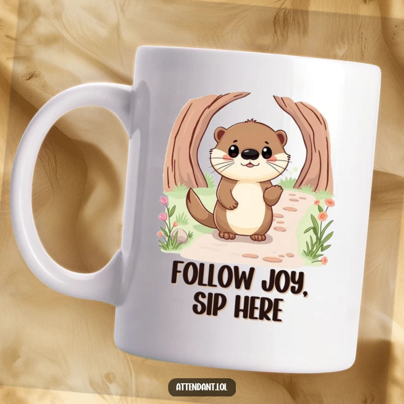 Funny otter mug with a happy otter, bright eyes, politely guiding a visitor along a winding path.