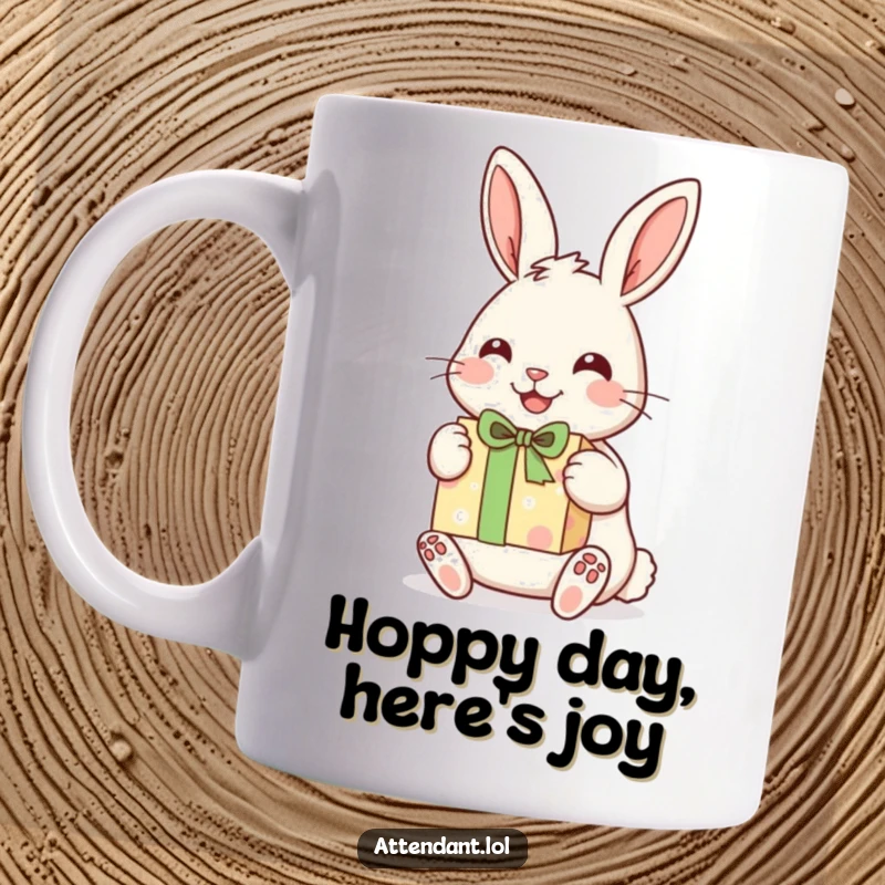 Funny rabbit mug with a cheerful bunny holding its ears up, presenting a beautifully wrapped gift with a smile.