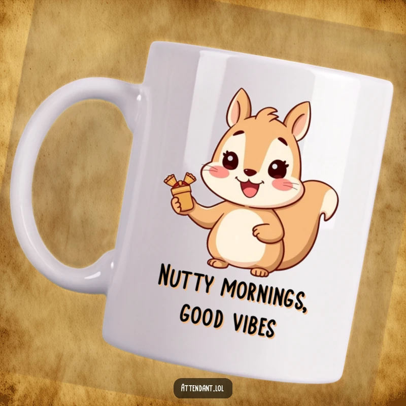 Funny Squirrel Mug: A cheerful squirrel with a bright smile happily hands out small, wrapped gifts, spreading joy and humor.