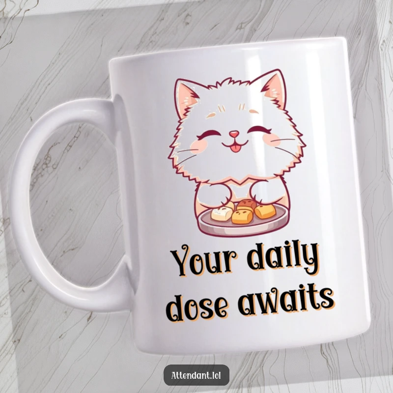 Funny cat mug with a cute, fluffy feline offering a tray of tiny, delicious treats with a friendly smile.