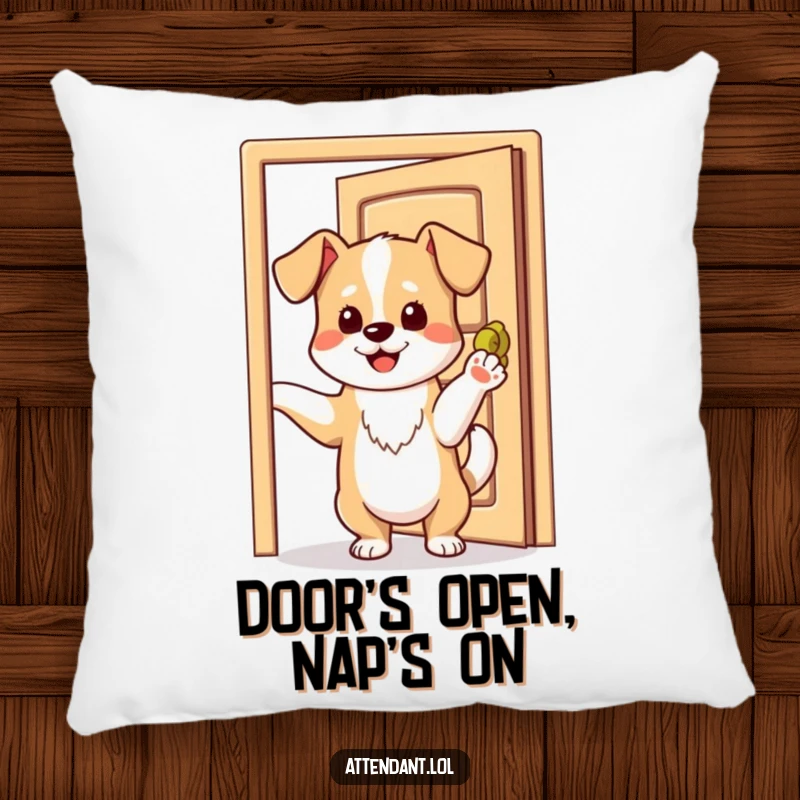 Funny pillow depicting a playful dog wagging its tail, holding an open door with its paw.