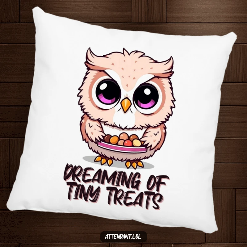 Funny Owl Pillow: A fluffy owl with curious eyes offers a tray of tiny treats, a soft and humorous decorative item for any room.