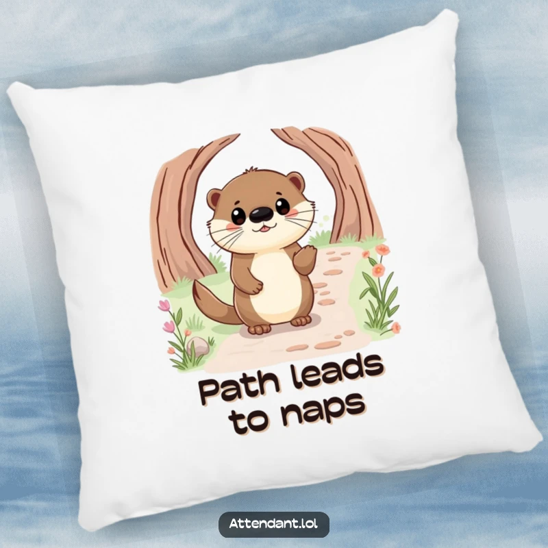 Funny pillow depicting a happy otter with bright eyes, politely guiding a visitor along a path.
