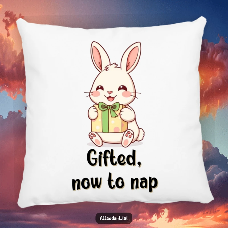 Funny pillow depicting a cheerful rabbit with perked ears, holding and presenting a beautifully wrapped gift.