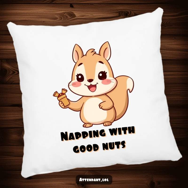 Funny Squirrel Pillow: A cheerful squirrel beaming with a smile offers wrapped items, a soft and humorous decorative piece.