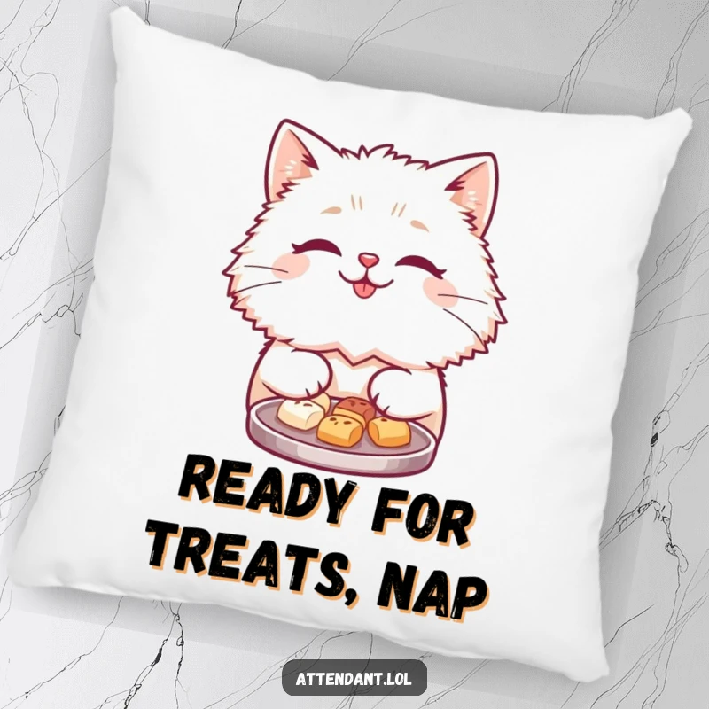 Funny pillow depicting a cute, fluffy cat with a happy smile offering a small tray loaded with tiny, inviting treats.