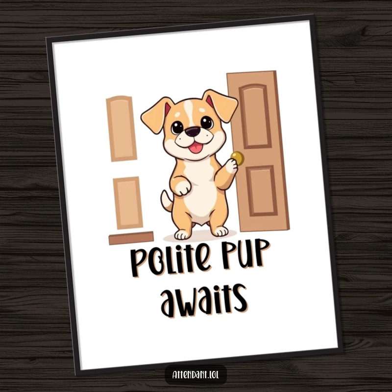 Funny Dog Digital Art Print: A bouncy dog with floppy ears politely holds a door open, an instant and humorous artwork.