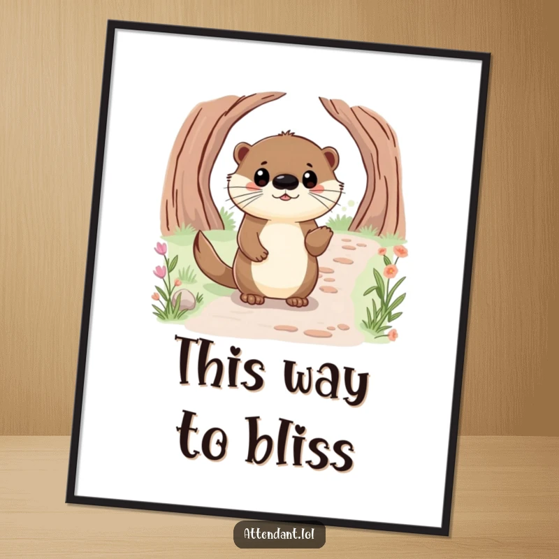 Funny digital art print of a happy otter with bright eyes, politely guiding a visitor along a path.