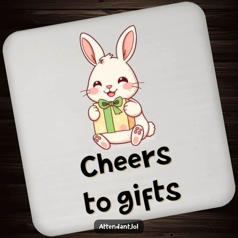 Funny drink coaster showing a cheerful rabbit with perked ears, presenting a beautifully wrapped gift.