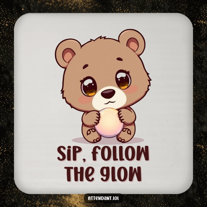 Funny Bear Cub Coasters: A curious bear cub with wide eyes guides a glowing orb, adding humorous protection to drink surfaces.