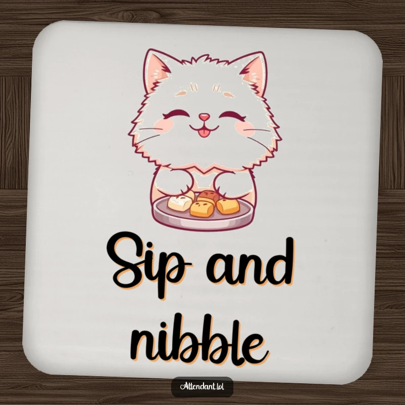 Funny drink coaster showing a cute, fluffy cat with a friendly smile offering a tray of tiny treats.