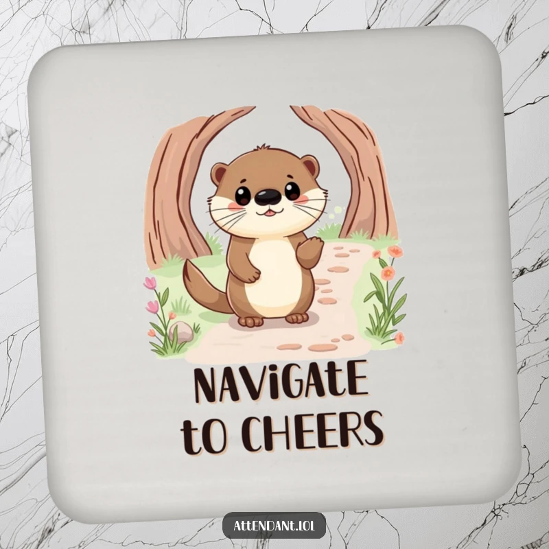 Funny drink coaster showing a happy otter with bright eyes, politely guiding a visitor along a path.