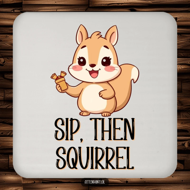 Funny Squirrel Coasters: A cheerful squirrel with a bright smile offers wrapped gifts, adding humorous protection to drink surfaces.