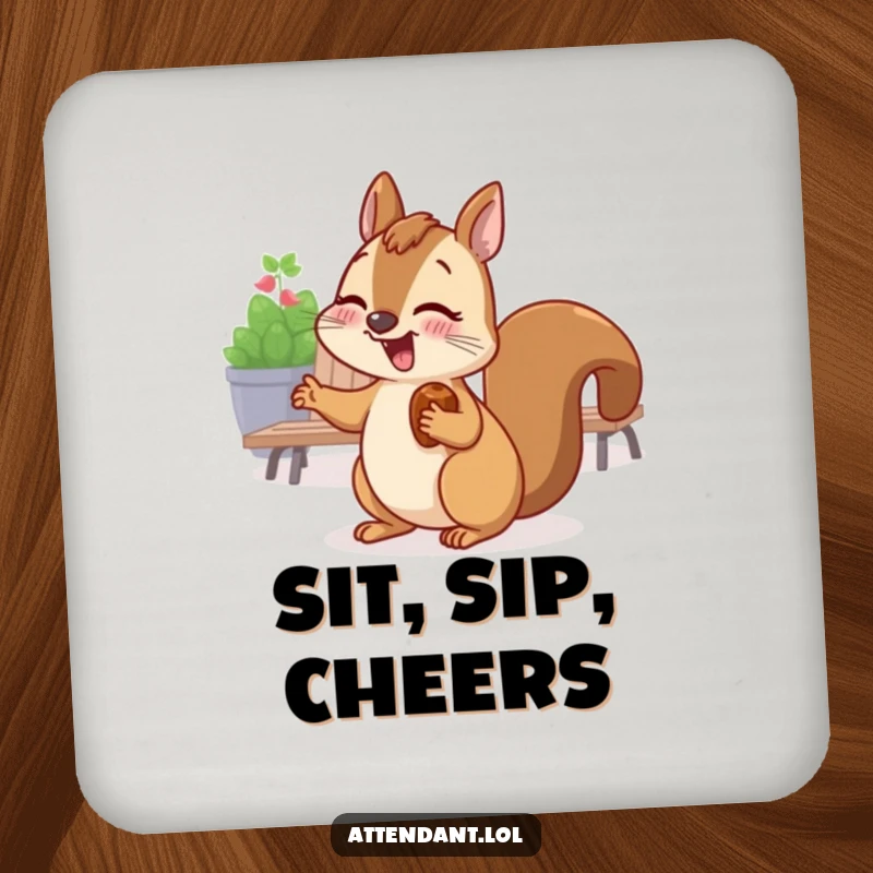 Funny drink coaster showing a giggling squirrel with a nut in its cheek, gesturing towards a seating area.