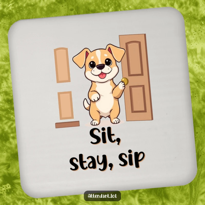 Funny Dog Coasters: A bouncy dog with floppy ears politely holds a door open, adding humorous protection to drink surfaces.