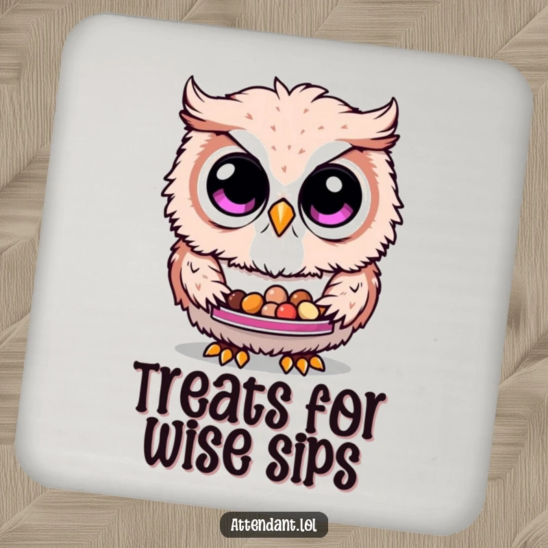 Funny Owl Coasters: A fluffy owl with curious eyes presents a tray of treats, adding humorous protection to drink surfaces.
