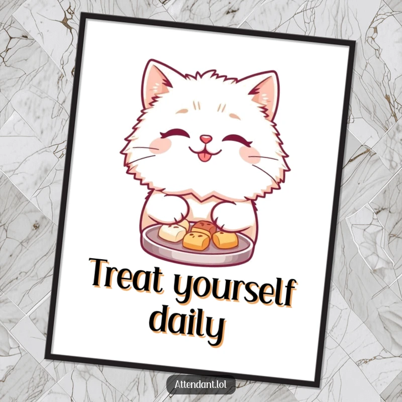 Funny poster featuring a cute, fluffy cat with a friendly smile presenting a tray brimming with tiny, tempting treats.