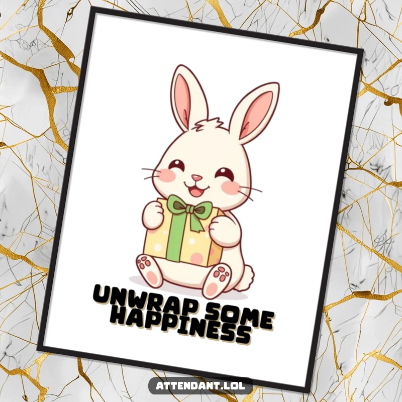 Funny poster featuring a cheerful rabbit with its ears perked, happily presenting a beautifully wrapped gift.