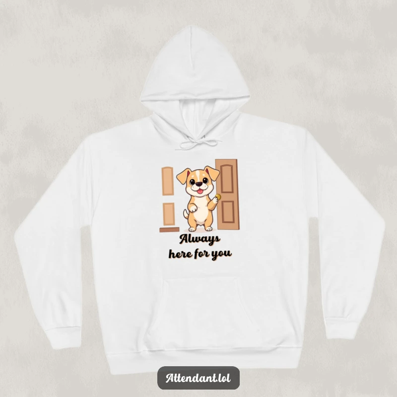Funny Dog Hoodie: A bouncy dog with floppy ears kindly holds a door ajar, offering a warm and humorous wearable.