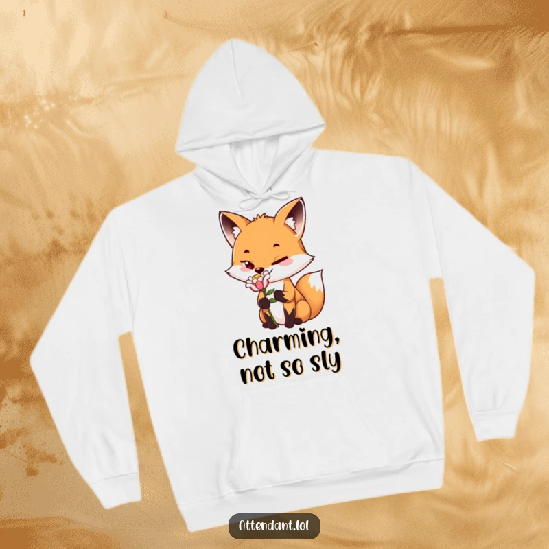 Funny Fox Hoodie: A playful fox with a sly smile offers a delicate flower, providing cozy humor and charm.