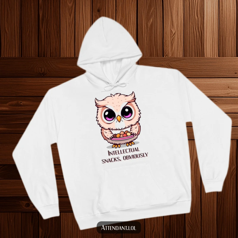 Funny Owl Hoodie: A soft, fluffy owl with large, curious eyes extends a tray brimming with miniature treats, a cozy and humorous wearable.