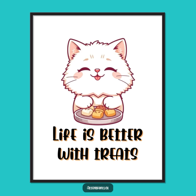 Free Printable Cat Wall Art: Funny Fluffy Friend Offers Treats, Downloadable Art Decor