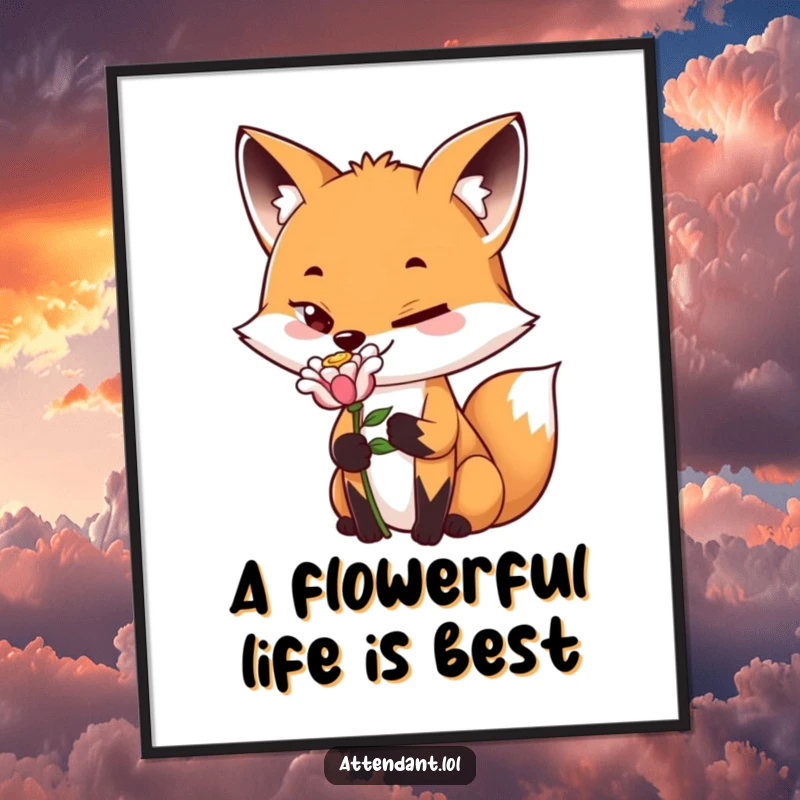 Funny Free Printable Fox Wall Art: Playful fox with a sly grin presents a single, perfect flower, adding a touch of charm.