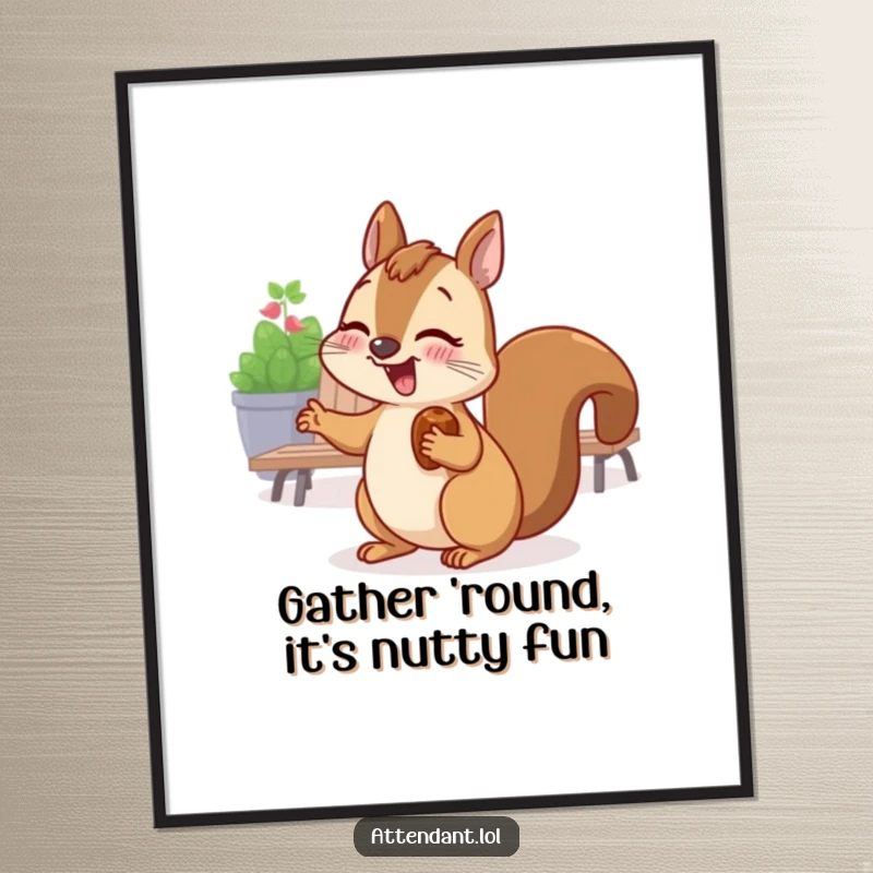 Funny Free Printable Wall Art: Giggling squirrel with a nut in its cheek gestures towards a seating area, cozy decor.