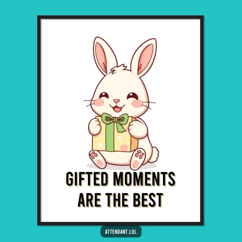 Free Printable Rabbit Wall Art: Cheerful Bunny Delivers Gift, Funny Downloadable Decor