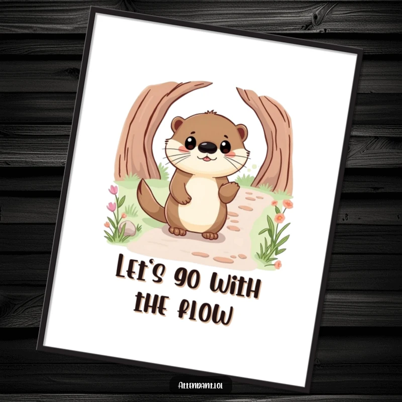 Funny Free Printable Wall Art: Happy otter with bright eyes politely guides a visitor along a path, serene decor.