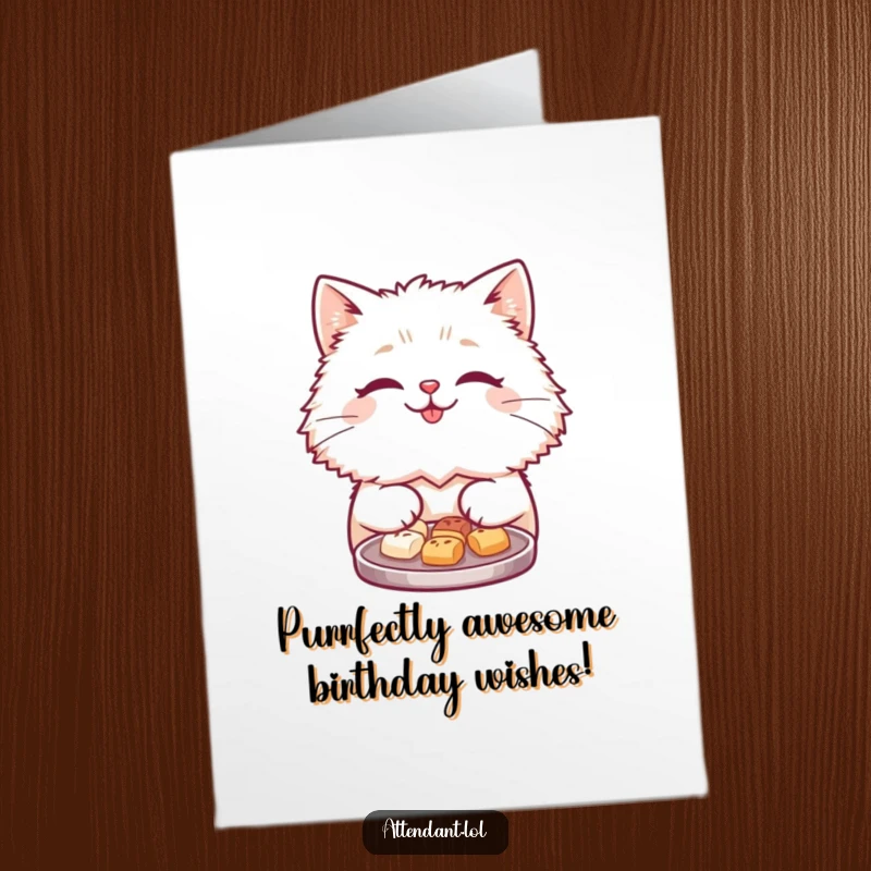 Funny Free Printable Birthday Card: Cute fluffy cat with a smile offering tiny treats, a delightful DIY gift.