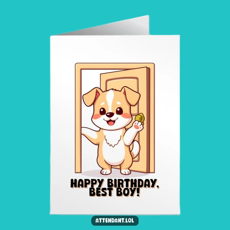 Free Printable Dog Birthday Card: Playful Pup Opens Door, Funny DIY Downloadable Gift