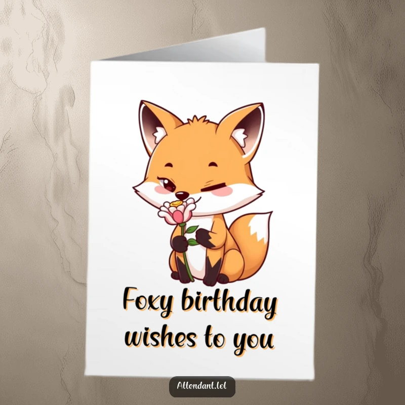 Funny Free Printable Fox Birthday Card: Playful fox with a sly grin presents a single, perfect flower for a happy birthday.