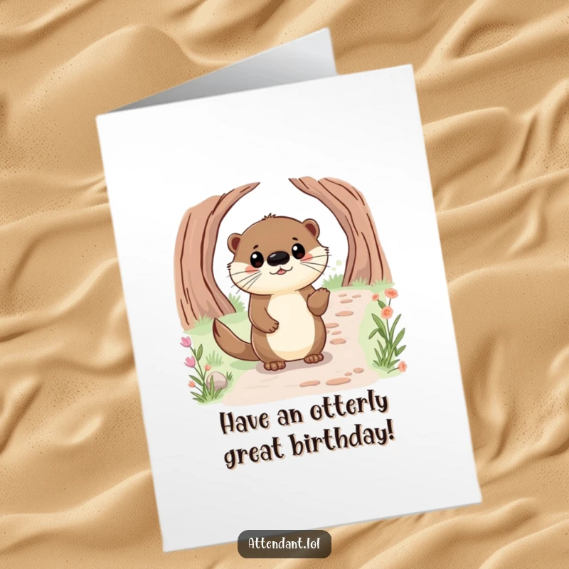 Funny Free Printable Birthday Card: Happy otter with bright eyes politely guides someone along a path, a cheerful journey.