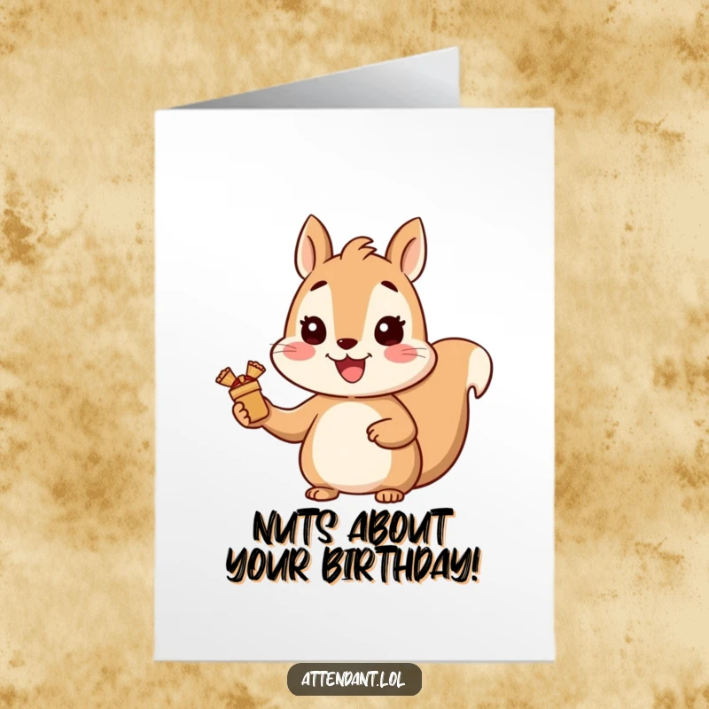 Funny Free Printable Squirrel Birthday Card: Cheerful squirrel with a bright smile hands out small wrapped gifts for a happy birthday.