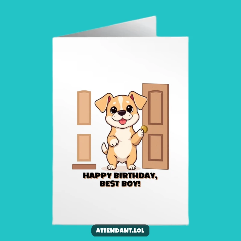Free Printable Dog Birthday Card: Bouncy Pup Holding Door Funny Pet Download