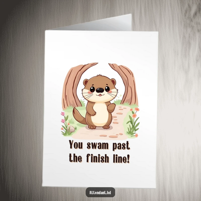 Funny Free Printable Congratulations Card: Happy otter with bright eyes politely guides someone along a path, celebrating success.