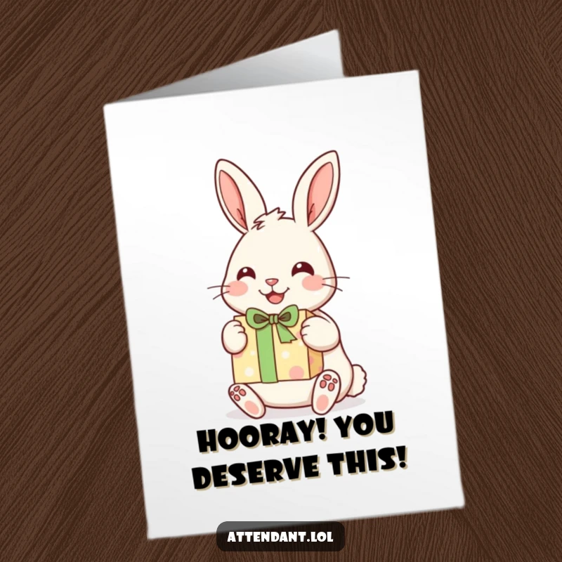 Funny Free Printable Congratulations Card: Cheerful rabbit with perked ears presents a wrapped gift, a sweet surprise.