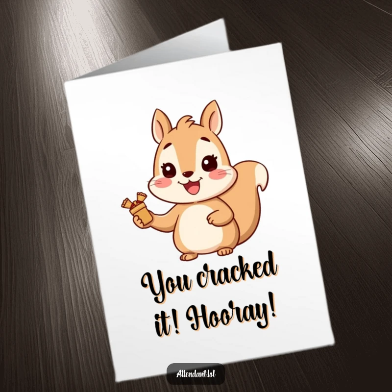Free Printable Squirrel Congratulations Card: Cheerful squirrel with a bright smile hands out small wrapped gifts to mark your success.