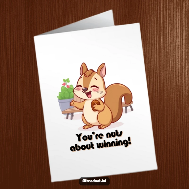 Funny Free Printable Congratulations Card: Giggling squirrel with nut in cheek gestures to seating area, celebrating achievements.