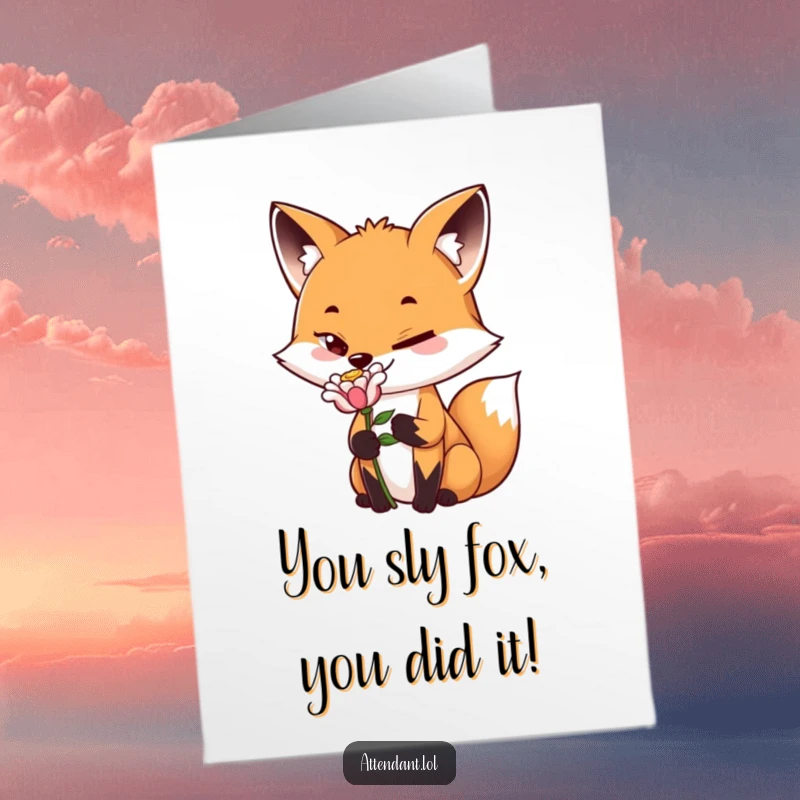 Free Printable Fox Congratulations Card: Playful fox with a sly grin presents a single, perfect flower to celebrate your amazing success.