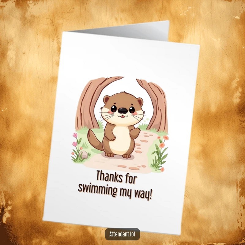 Funny Free Printable Thank You Card: Happy otter with bright eyes politely guides someone along a path, a helpful gesture.