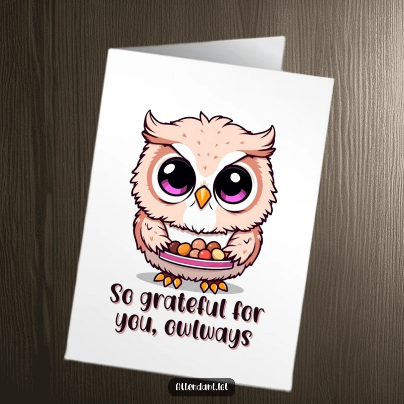 Funny Free Printable Owl Thank You Card: Fluffy owl with curious eyes offers a tray of tiny treats, expressing heartfelt thanks.
